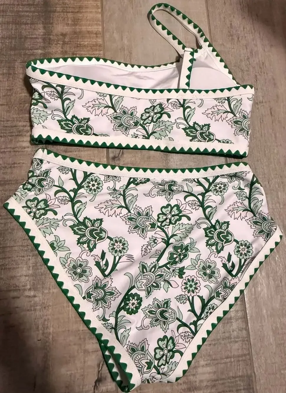Retro Stage Green Floral One Shoulder High Waist Bikini Set